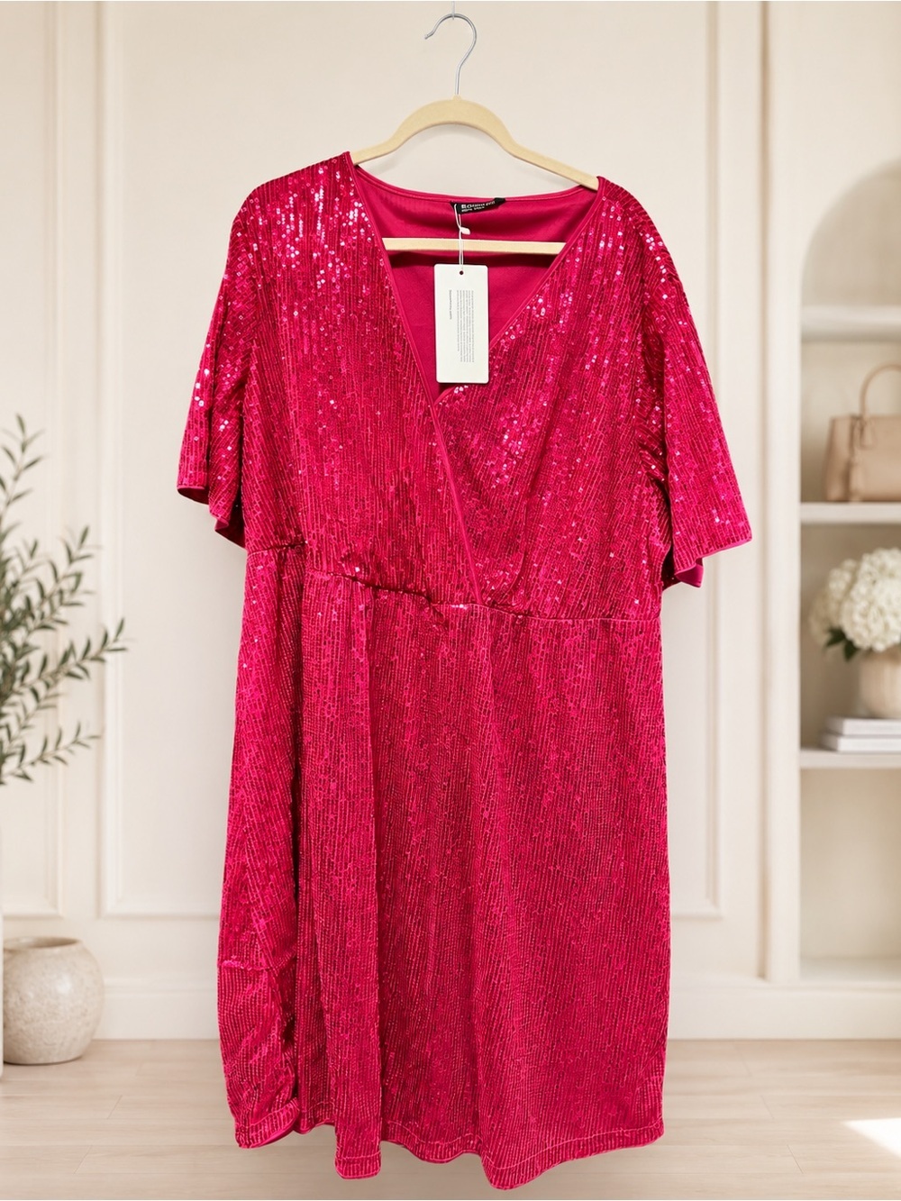 NWT BloomChic 3X 22-24 Hot Pink Sequin Faux Wrap Flutter Sleeve Dress